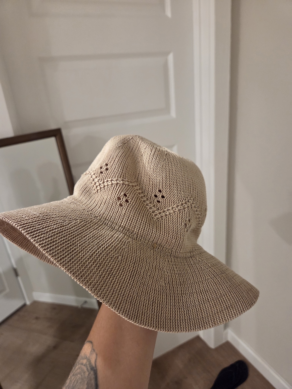Free People Beige Knit Wide-Brim Sun Hat